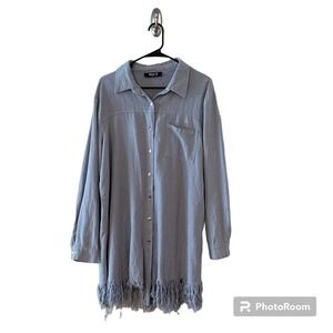 Blue B Collection Fringe Linen‎ Cotton Shacket Lagenlook Top Snap Button Size S
